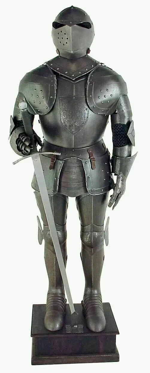 Front view of medieval Crusader knight full body wearable armor suit