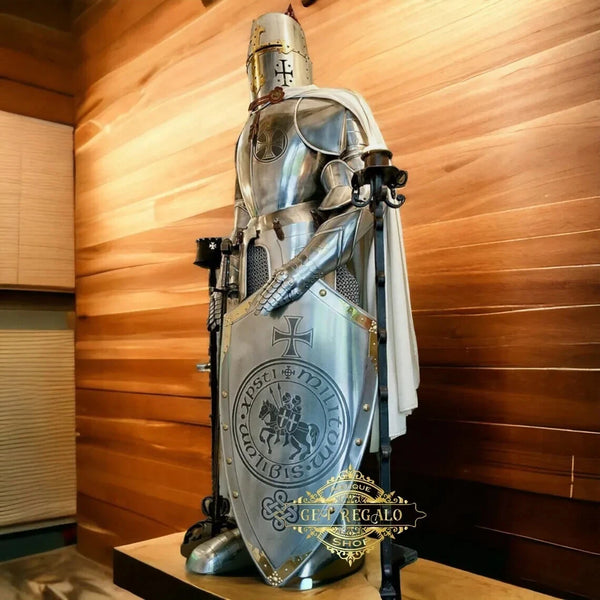Front view of Medieval Crusader full body wearable knight armor suit