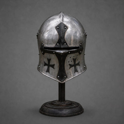 Medieval Crusader Great Helm Replica handcrafted steel helmet with black cross design, inspired by Knight Templar armor for historical reenactment and cosplay.