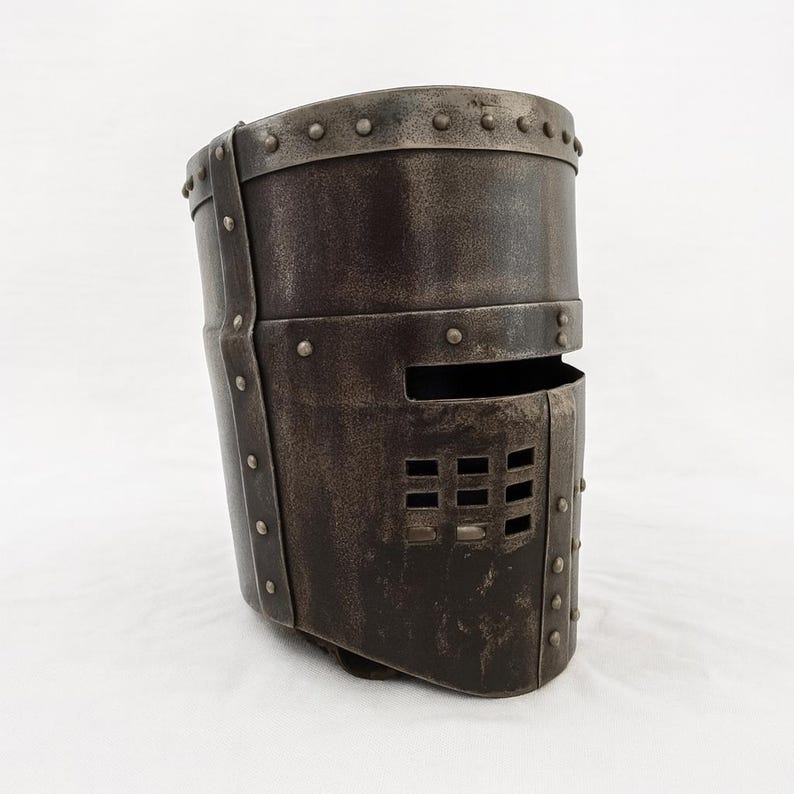 Medieval Crusader Great Helmet – Handmade steel knight helmet with riveted detailing