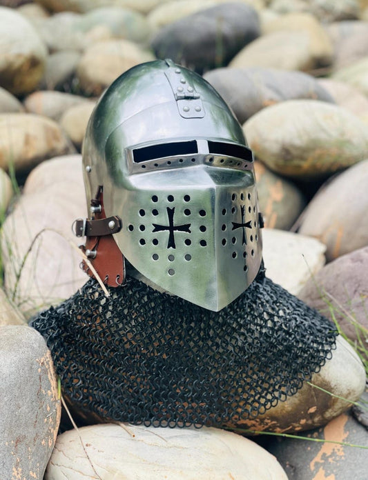 Front view of the Medieval Crusader Helmet with visor and chainmail neck protection.