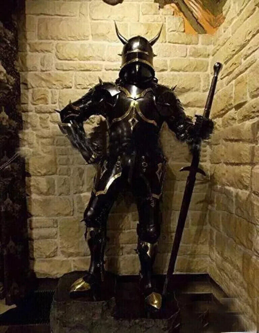 Front view of medieval knight Crusader horned armor suit, fully wearable with polished steel body and handcrafted detailing by Artisans Hub.

