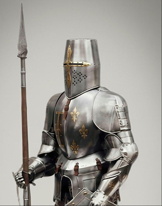 Medieval Crusader Knight Full Armor Set front view with shield and spear, wearable Templar steel armor for display and collection
