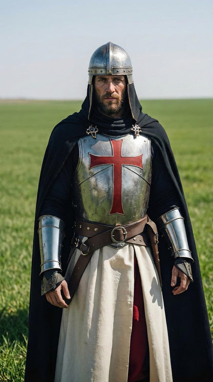 Medieval Crusader Knight Full Armor Set with steel armor, blue cloak, and red cross emblem for historical reenactments and cosplay