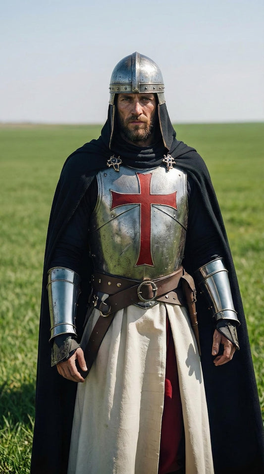 Medieval Crusader Knight Full Armor Set with steel armor, blue cloak, and red cross emblem for historical reenactments and cosplay