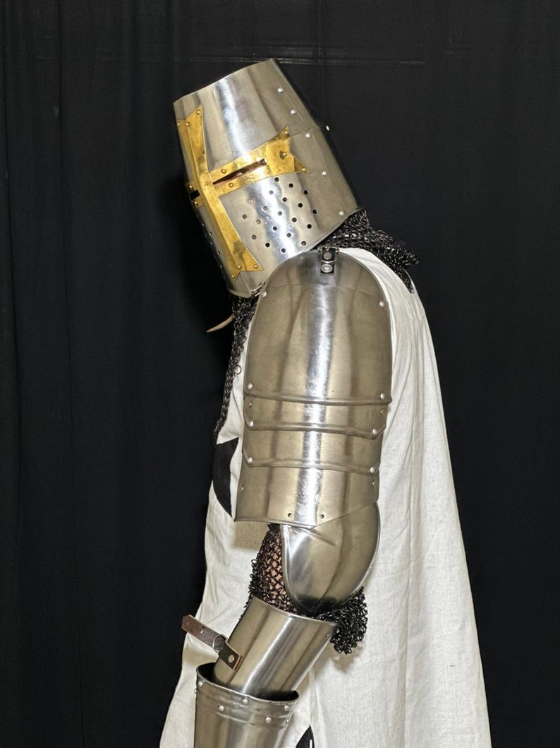 Complete Medieval Crusader Steel Armor suit with chainmail, surcoat, and traditional Templar knight design