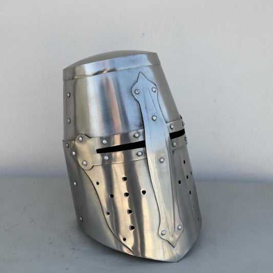 Front view of medieval crusader Templar helmet with authentic red cross emblem