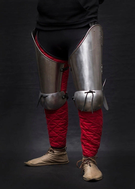 Front view of medieval cuisses leg armor with knee protection made from 18 gauge steel