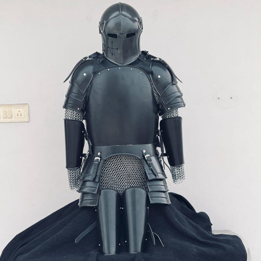 Front view of Medieval Dark Drake Black Templar Barbute Knight Armor Suit with full body steel armor design.