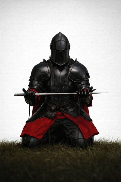 Medieval dark knight armor collectible with powerful warrior stance for premium display