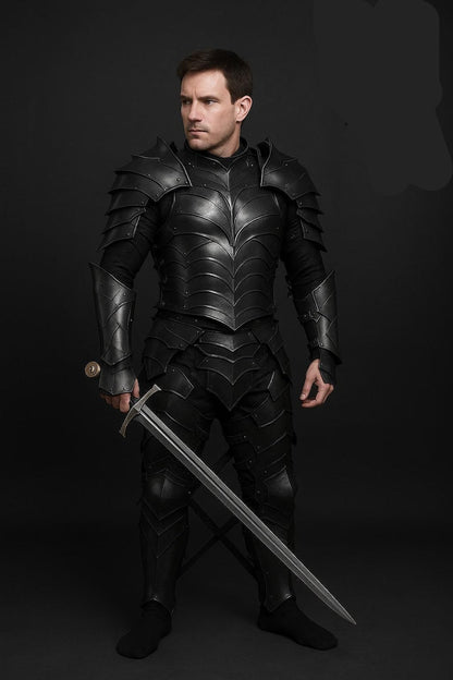 Medieval Dragomir Blackened Steel Full Body Armor Suit showing cuirass with tassets, steel pauldrons, and bracers for LARP and cosplay