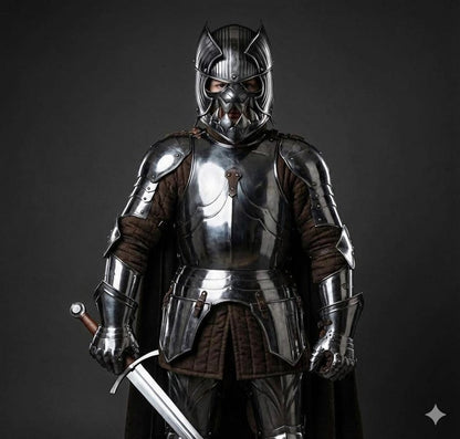 Medieval Eleven Fantasy Armor Full Costume helmet with silver finish for cosplay, roleplay, and Halloween events