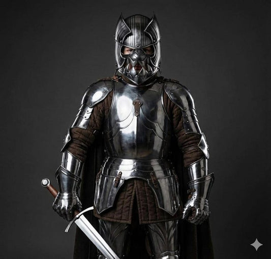 Medieval Eleven Fantasy Armor Full Costume helmet with silver finish for cosplay, roleplay, and Halloween events
