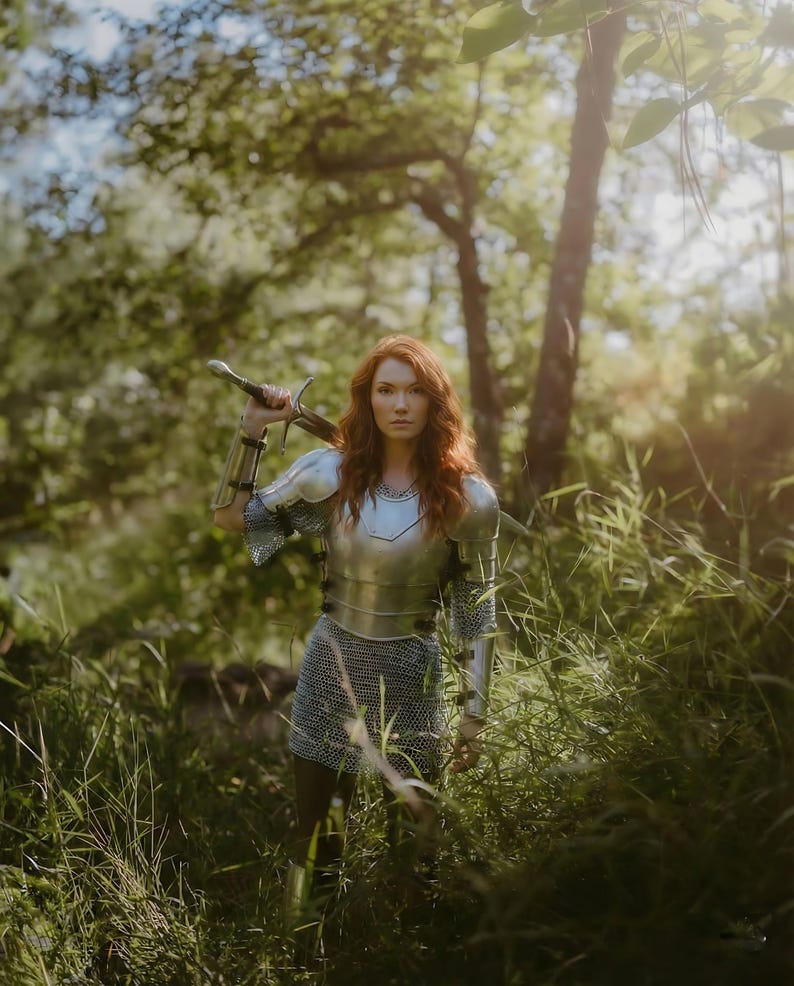 Back view of medieval fantasy women’s chainmail armor for Ren Faire, cosplay, and LARP events