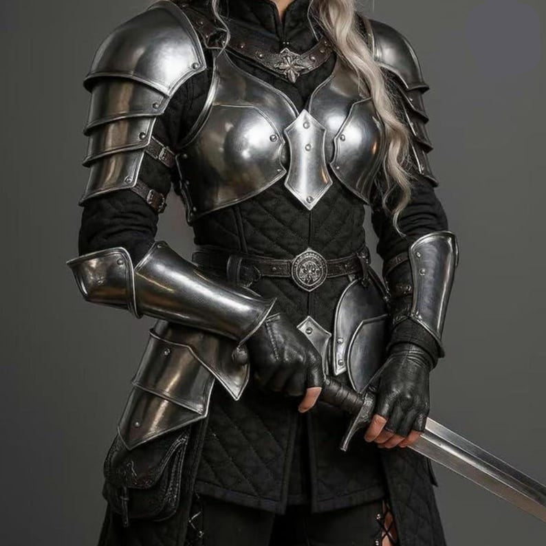 Medieval Female Knight Armor Set with polished steel breastplate and pauldrons for LARP cosplay