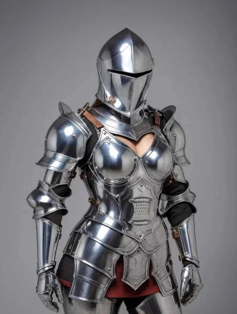 Medieval Female Knight Half Body Armor Helmet Cuirass Pauldrons 18 Ga Steel handcrafted for cosplay and Renaissance fairs