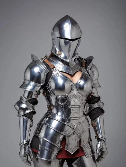 Medieval Female Knight Half Body Armor Helmet Cuirass Pauldrons 18 Ga Steel handcrafted for cosplay and Renaissance fairs