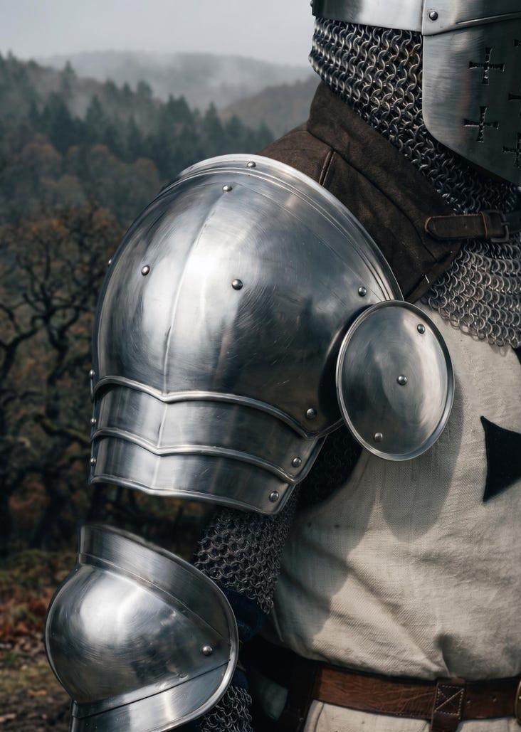 Full Body Wearable Armor Suit designed for LARP, cosplay, and reenactment featuring Teutonic crusader style, chainmail, and steel armor.