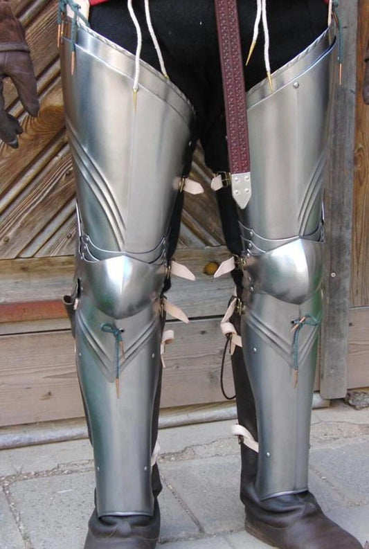 Front view of medieval full leg armor steel warrior wearable knight costume