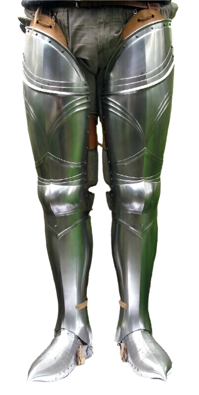 Front view of Medieval Full Leg Armour made of 18 gauge steel by Artisans Hub