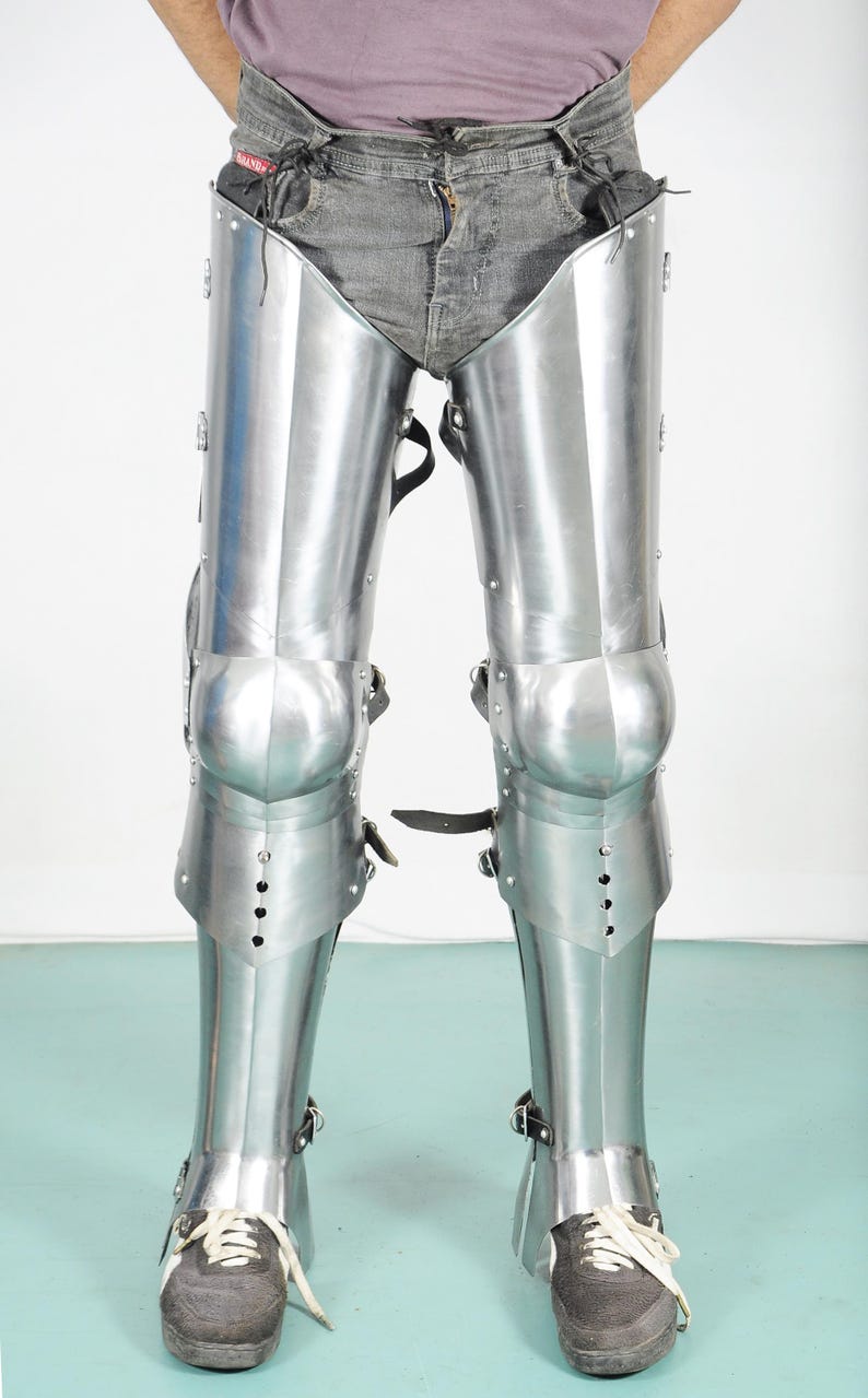 Medieval Full Leg Knight Armor Set – Front View with Churburg Style Sabatons for LARP & Cosplay