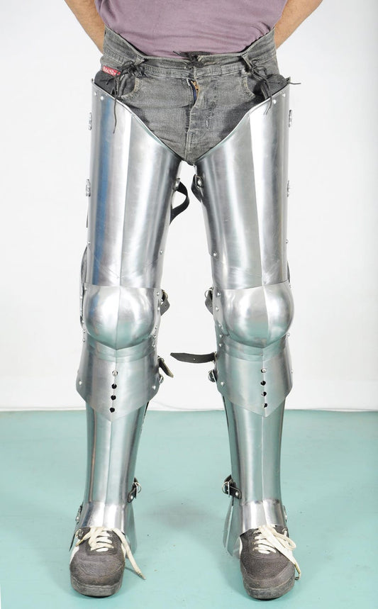 Medieval Full Leg Knight Armor Set – Front View with Churburg Style Sabatons for LARP & Cosplay