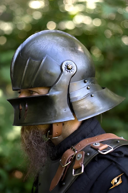 Medieval German Sallet Helmet in blackened steel – front view displayv