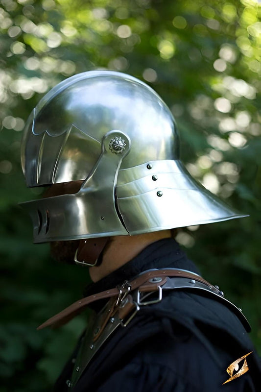 Medieval German Polished Steel Sallet Helmet front view on display