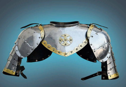 Front view of medieval LARP armor gorget and shoulder pauldrons set in 18GA steel by Artisans Hub

