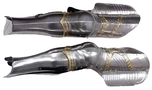 Front view of full medieval gothic steel armor set with knight cuirass and leg greaves

