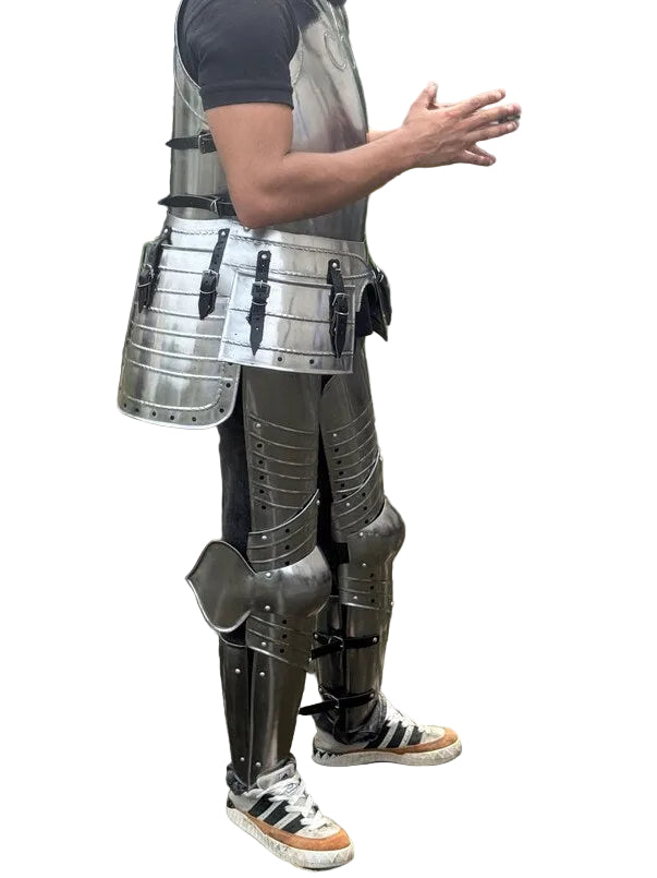 Medieval Gothic German cuirass side profile displaying historical reenactment armor details