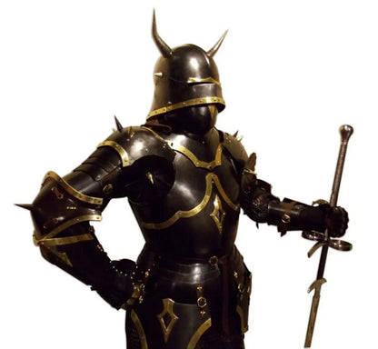 Main view of Medieval Gothic Knight Armor full body suit, wearable handcrafted steel armor ideal for cosplay, LARP, or Halloween, by Artisans Hub.

