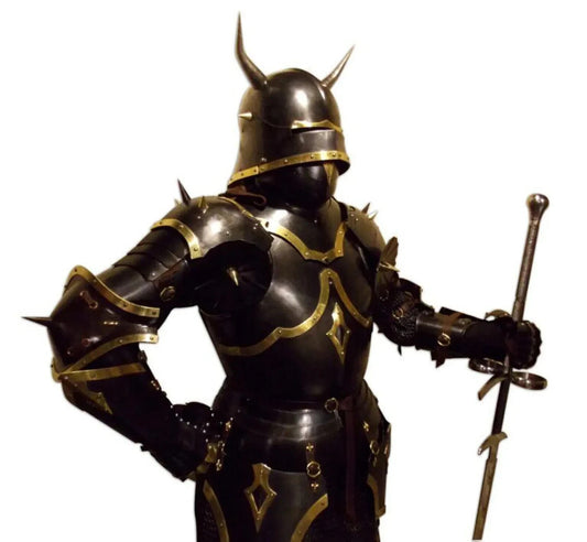 Main view of Medieval Gothic Knight Armor full body suit, wearable handcrafted steel armor ideal for cosplay, LARP, or Halloween, by Artisans Hub.

