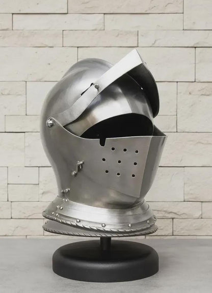 Medieval Gothic Knight Helmet front view – wearable steel close helmet armor for cosplay and collectible display