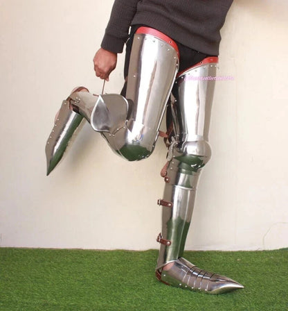 Front view of handcrafted medieval gothic full leg guard armor set