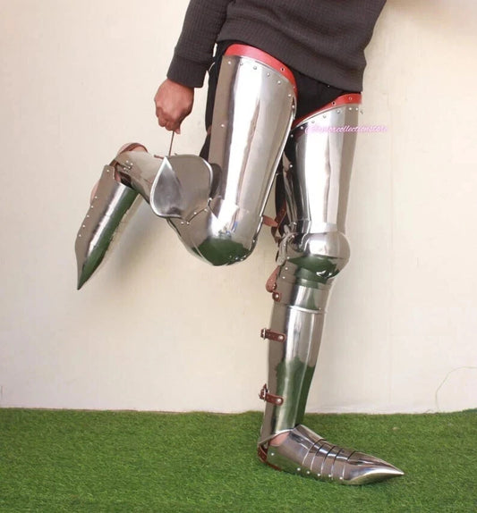 Front view of handcrafted medieval gothic full leg guard armor set