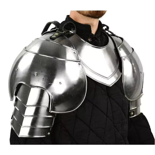 Front View of Medieval Gothic Pauldrons and Gorget Steel Shoulder Armor Set by Artisans Hub

