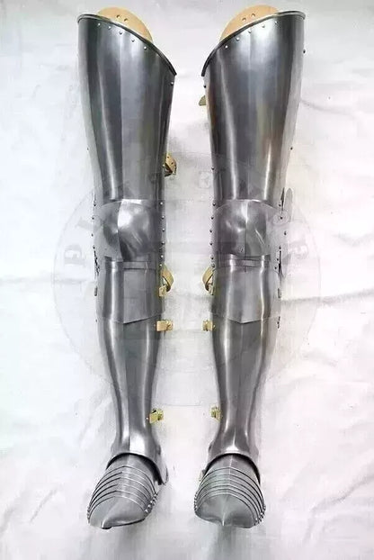 Front view of Medieval Greek Roman Centurion leg greaves with brass gold finish

