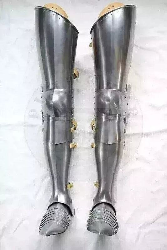 Front view of Medieval Greek Roman Centurion leg greaves with brass gold finish

