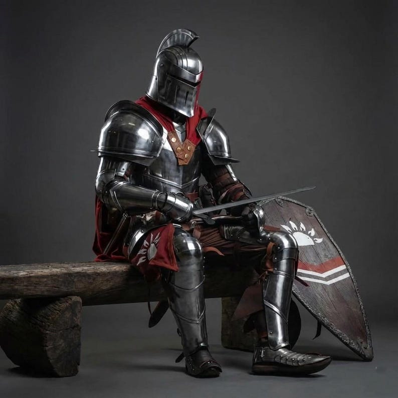 Medieval Greek Full Armor Costume set displayed with helmet, breastplate, and shield for cosplay or gift purposes