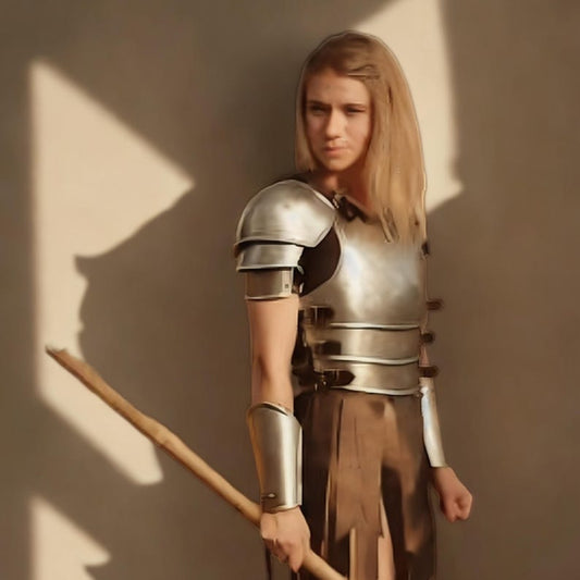 Medieval half armor costume front view with steel cuirass and pauldrons