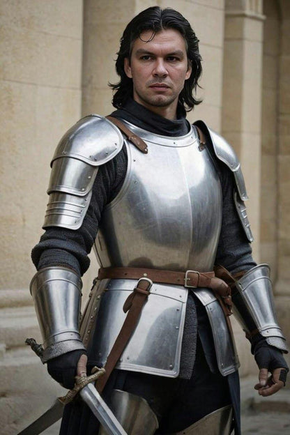 Front view of handcrafted medieval half body armor with polished steel chest plate and shoulder pauldrons