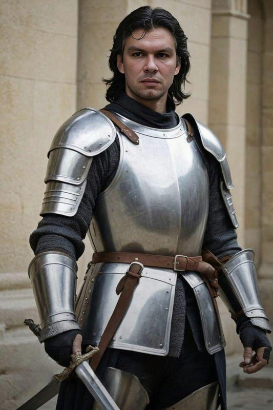 Front view of handcrafted medieval half body armor with polished steel chest plate and shoulder pauldrons