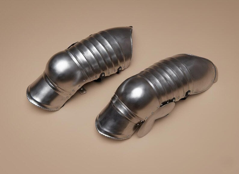 Medieval half leg armor made from 18 gauge steel for LARP and cosplay use