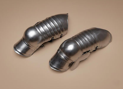 Medieval half leg armor made from 18 gauge steel for LARP and cosplay use