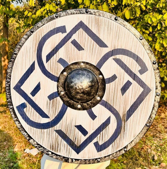 Front view of 22-inch handmade medieval Viking wooden shield with Norse design