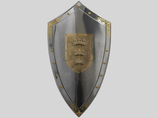 Medieval King Arthur Shield with three-crowns design in steel, front view