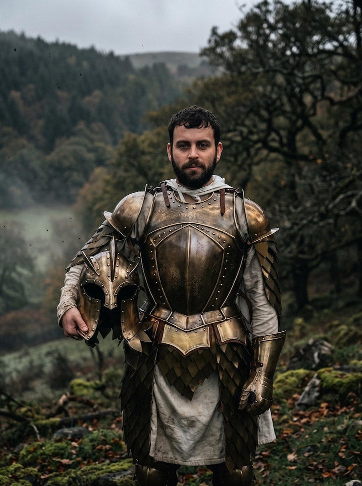 Medieval Kings Guard Armor handcrafted from 18 gauge steel featuring a golden knight cuirass for cosplay, roleplay, and historical reenactment events.