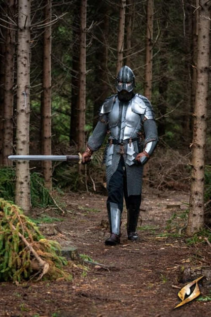 Medieval knight cosplay armor side view showing pauldrons and bracers