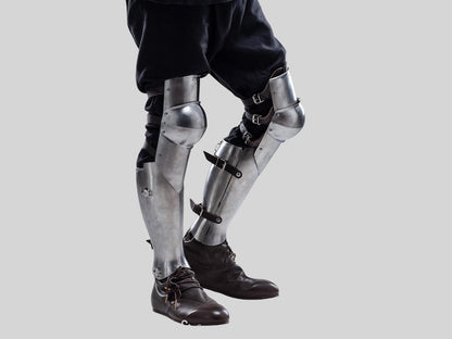 Front view of Medieval Knight Armor Leg Greaves with Knee Caps for cosplay and LARP